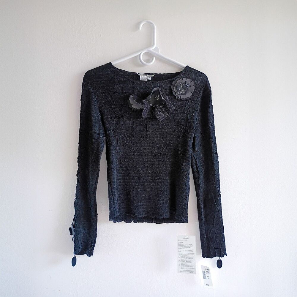 Black Textured Long Sleeve Top Size M Floral Appliqué Stretch Blouse Goth